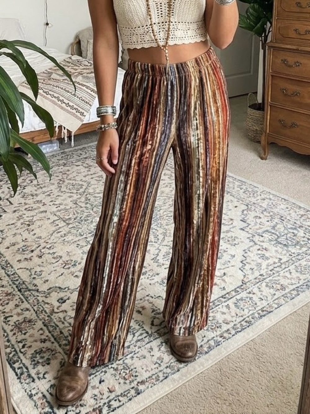 The Pyramid Collection Striped Crushed Velvet Wide Leg Pants Boho Hippie Large